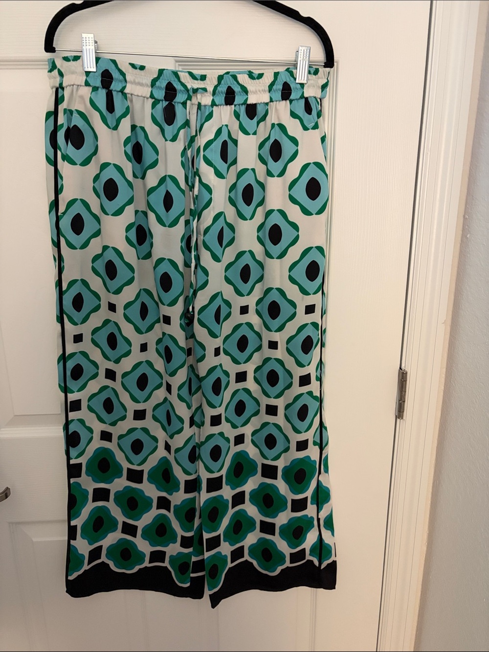 Zara Women's Geometric Print Wide-Leg Pants- Green/Teal
